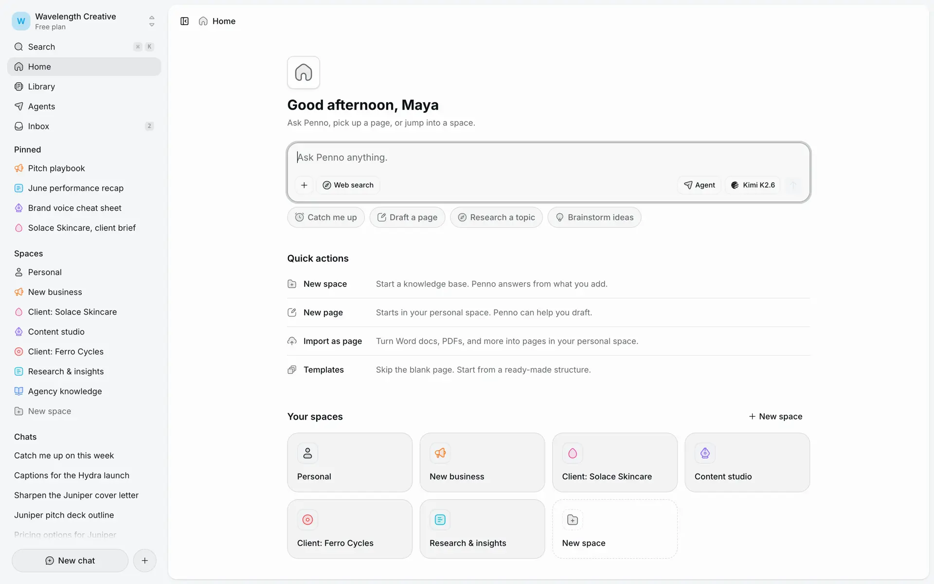 Penno home workspace with AI chat, quick actions, and team spaces