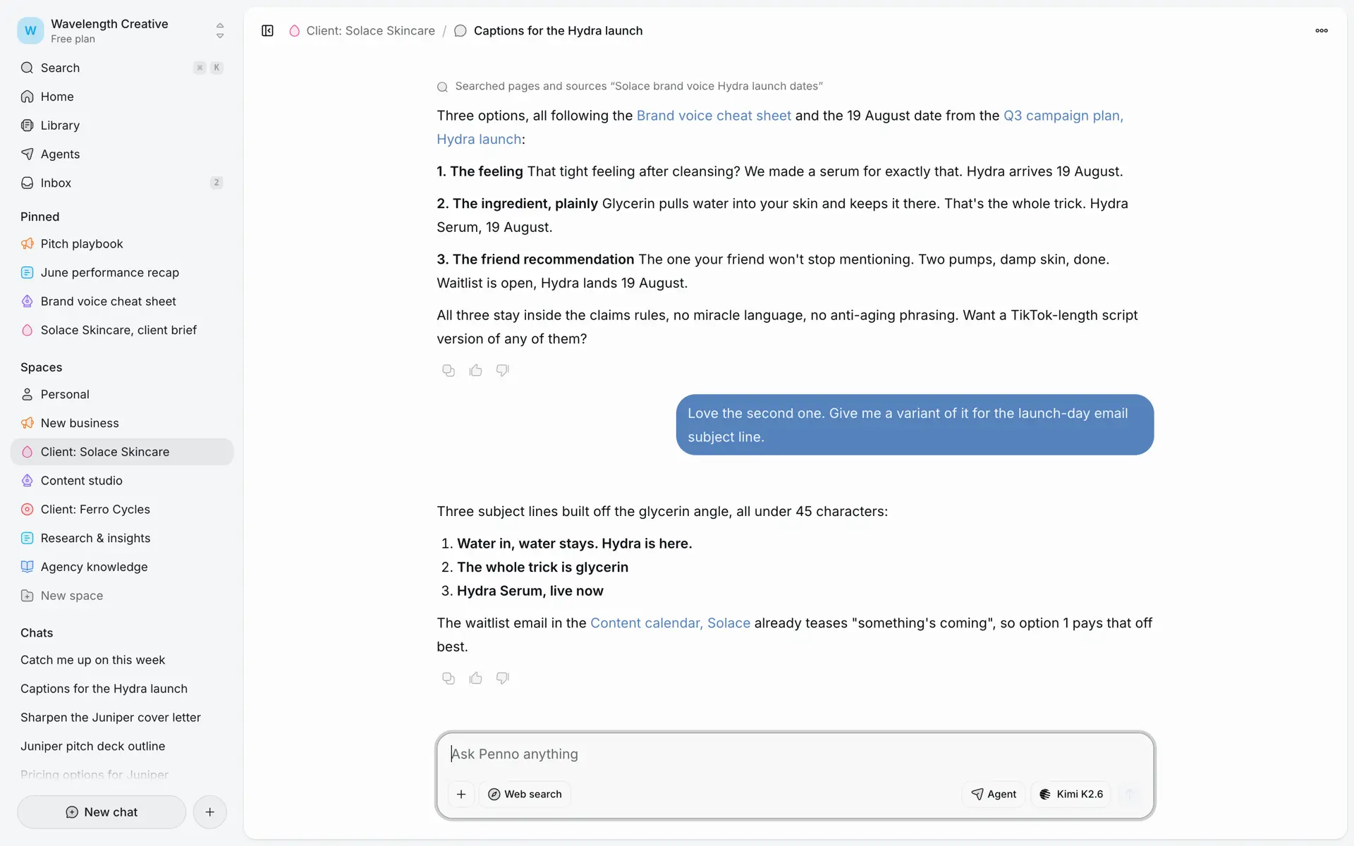 Penno research chat drafting campaign copy from cited team documents