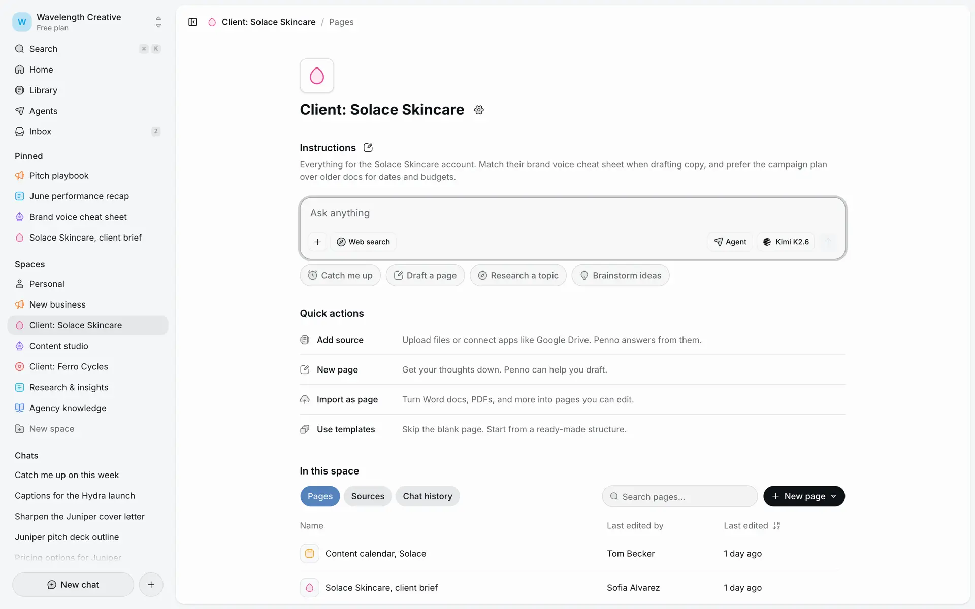 A Penno client space containing pages, sources, chat history, and custom instructions