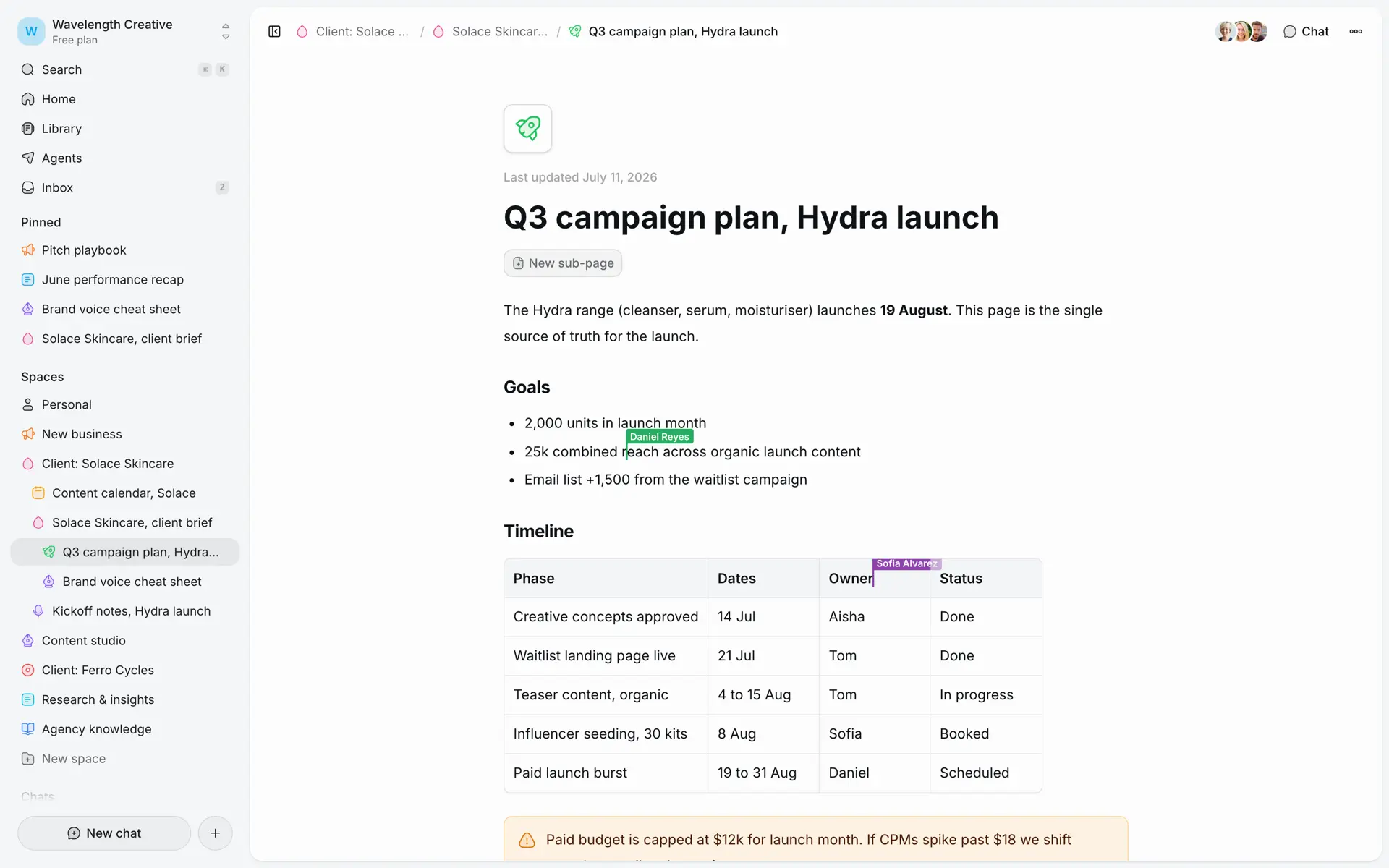 A collaborative campaign plan open in Penno's block editor